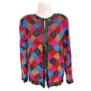 Vintage Albert Paul Beaded Sequin Silk Checkered Cardigan Small